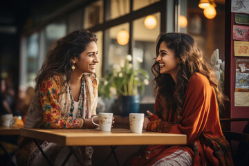 Two indian women discussing to each other at restaurant. - obrazy, fototapety, plakaty