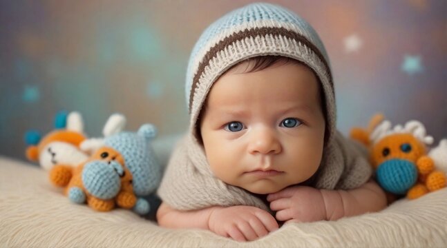 Cute newborn baby boy against colorful background with space for text, children background image, AI generated