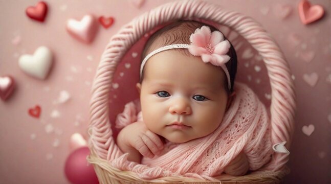 Cute newborn baby girl against valentine's day ambience background with space for text, children background image, AI generated