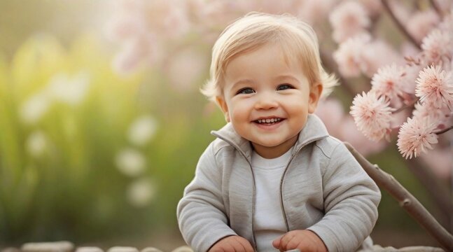 Smiling toddler boy against spring ambience background with space for text, children background image, AI generated