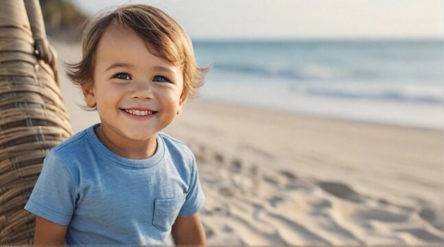 Smiling toddler boy wearing blue shirt against beach ambience background with space for text, children background image, AI generated