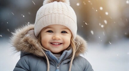 A Smiling toddler girl against winter ambience background with space for text, children background image, AI generated