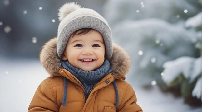 A Smiling toddler boy against winter ambience background with space for text, children background image, AI generated