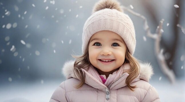 A Smiling toddler girl against winter ambience background with space for text, children background image, AI generated