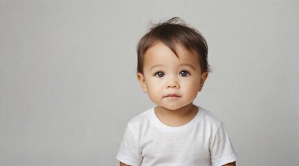 Fototapeta premium Smiling cute little toddler boy against white background with space for text, children background image, AI generated