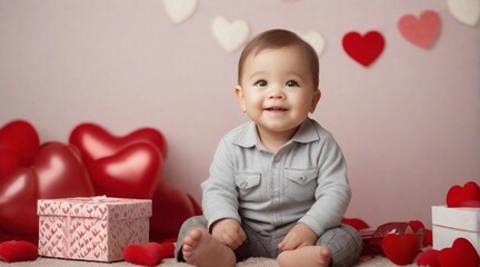 Cute little toddler boy against valentine's day ambience background with space for text, children background image, AI generated