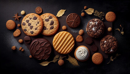 Delicious cookies in a flat layout on a dark background