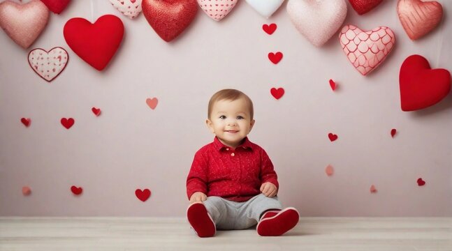 Cute little toddler boy against valentine's day ambience background with space for text, children background image, AI generated