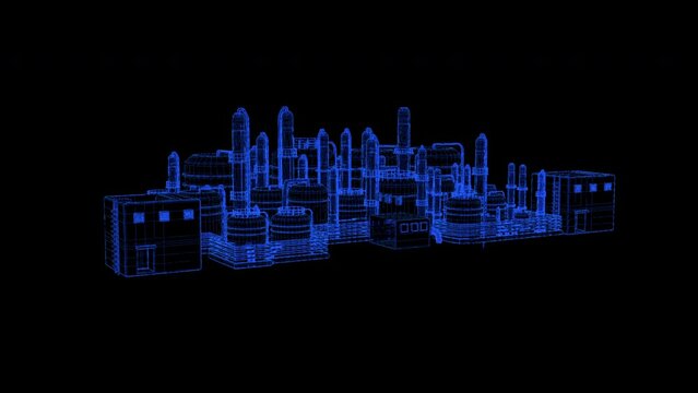 wireframe Factory industry transparent on background for push on background For assembling oil factories for car export import transportation 3D RENDER 4K Animation