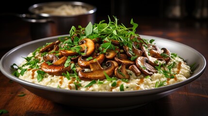 A comforting bowl of creamy mushroom risotto. AI Generative