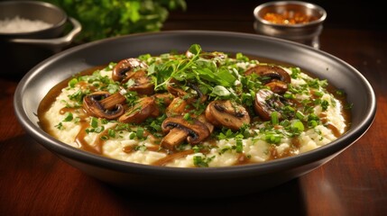 A comforting bowl of creamy mushroom risotto. AI Generative
