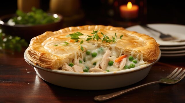 A comforting bowl of chicken pot pie with a golden crust. AI Generative