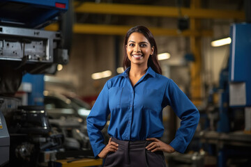 confident female car mechanic standing at garage