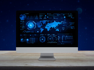 Computer with digital world map with data charts and stats screen on wooden table over fantasy night sky and moon, Futuristic user interface technology online concept
