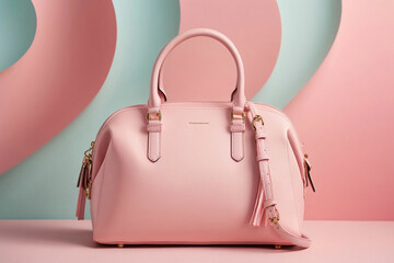 Pastel colored women hand bag on pink background. Woman Fashion Concept
