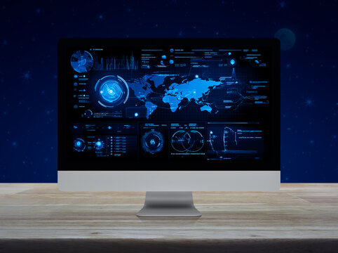 Computer with digital world map with data charts and stats screen on wooden table over fantasy night sky and moon, Futuristic user interface technology online concept