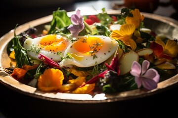 A dish with a sunnyside up egg cooked in oil and surrounded by various vegetables. Generative AI