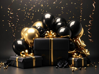 Bunch of balloons and gift boxes on dark background. Black Friday Concept