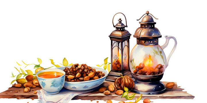 Traditional Eastern Tea Setting Watercolor PNG, a lit lantern, a teapot, and a bowl of dates, all laid out on a rustic wooden surface