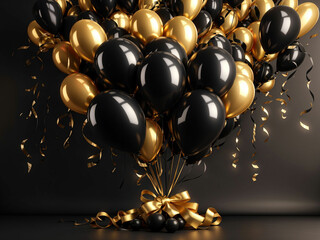 Bunch of balloons and gift boxes on dark background. Black Friday Concept