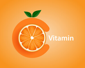 Natural vitamin C, orange. The letter C with two green leaves on it and a sliced orange in it, which illustrates vitamin C, for a company logo or symbol. 