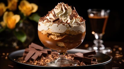 a rich and creamy chocolate mousse dessert, topped with whipped cream. AI Generative
