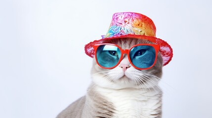 Party cat with summer hat and sunglasses on white background