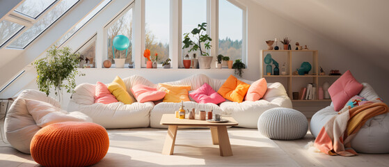 Bright Attic Living Room with Knit Pouf