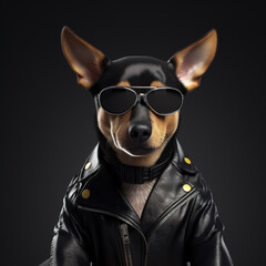 Image of stylish cool dog wearing sunglasses as fashion and wore a leather jacket. Modern fashion, Animals.