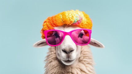Sheep in summer party mood: funny portrait of a woolly animal with colorful hat and sunglasses on white background - obrazy, fototapety, plakaty