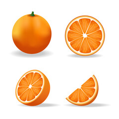 Orange. A set of fresh whole, halves, sliced orange slices isolated on a white background. Mandarin. Organic fruits.