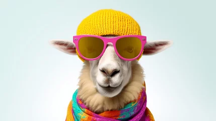 Poster Sheep in summer party mood: funny portrait of a woolly animal with colorful hat and sunglasses on white background © Ameer