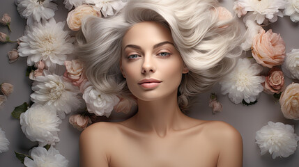 Fototapeta premium Portrait if a young woman among the flowers, beauty banner 