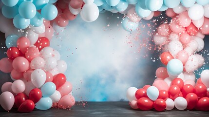 Gender reveal party background with colorful smoke, balloons and confetti