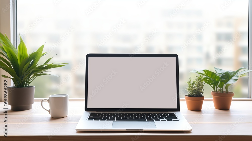 Poster modern productivity: laptop with blank screen on table in cozy workspace - technology and remote wor