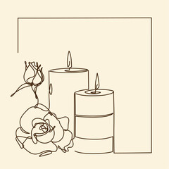Continuous one line drawing of wax candles with flowers. Minimalist black linear sketch isolated on light background. Holiday card.