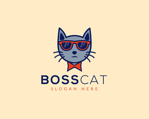 cat with sunglasses logo vector icon illustration design template, pets logo template. 
