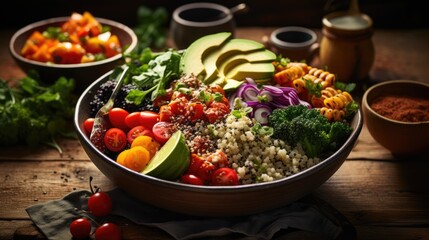 A colorful Buddha bowl filled with a variety of nutritious. AI Generative
