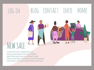 Concept landing page horizontal banner, shopping people, crazy discounts, flat vector illustration