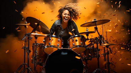 Photo of popular rocker redhair lady plays instruments beat raise hands drum sticks concert sound...
