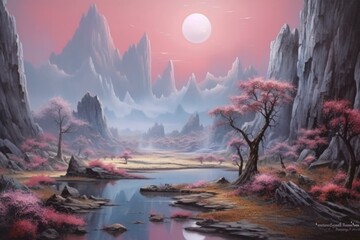Dreamlike landscape with gentle hues, otherworldly setting, artistic depiction. Generative AI