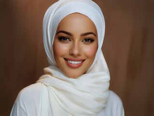 Portrait of beautiful muslim woman with white hi jab smiling at camera - obrazy, fototapety, plakaty