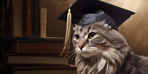 A cat wearing a graduation hat in a library