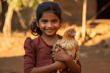 Cute indian little girl holding hen in hand
