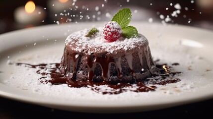 a delectable chocolate lava cake with a gooey molten center, dusted powdered sugar. AI Generative - obrazy, fototapety, plakaty