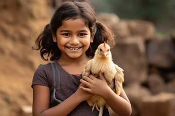 Cute indian little girl holding hen in hand - obrazy, fototapety, plakaty