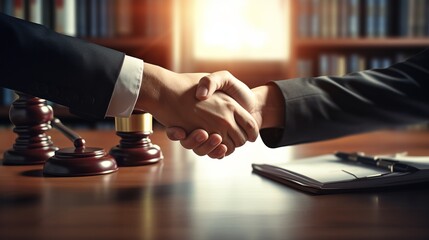 Successful Business Partnership: Lawyers Sealing the Deal with Handshakes and Contract Agreements