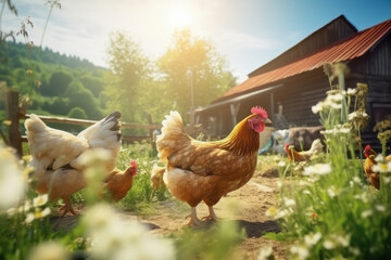 Fototapeta premium chickens and hens in green grass.