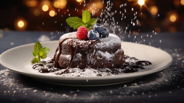 a delectable chocolate lava cake with a gooey molten center, dusted powdered sugar. AI Generative