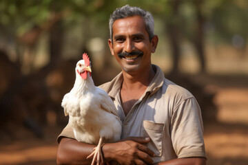 Fototapeta premium Indian man holding hen in hand